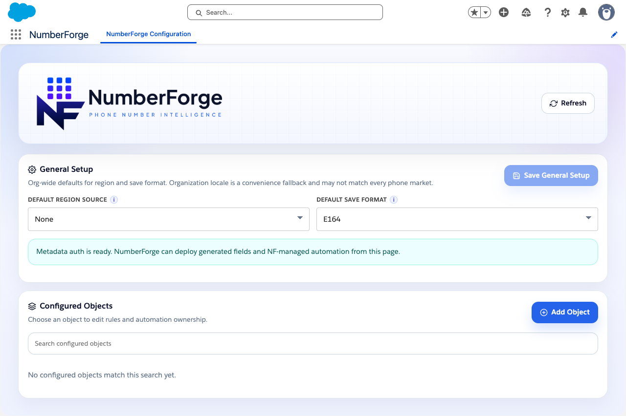 NumberForge Configuration showing Metadata auth is ready after validation