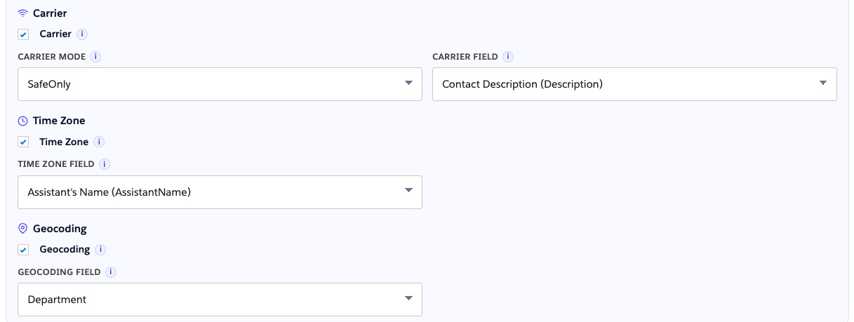 Contact Phone rule with carrier, time zone, and geocoding enrichment enabled