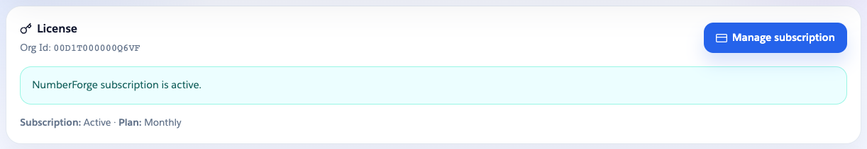 NumberForge Configuration License panel with an active subscription and Manage subscription