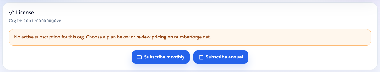 NumberForge Configuration License panel with no active subscription and Subscribe monthly and Subscribe annual buttons