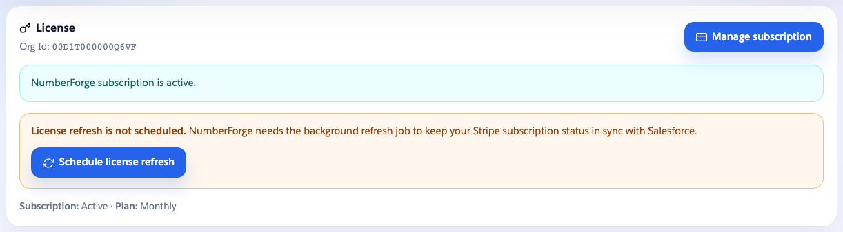 License panel warning that license refresh is not scheduled, with Schedule license refresh button