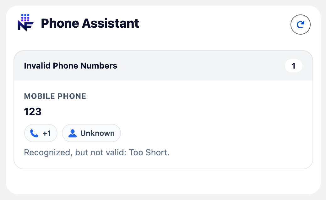 Phone Assistant card with an invalid Mobile row and validation reason