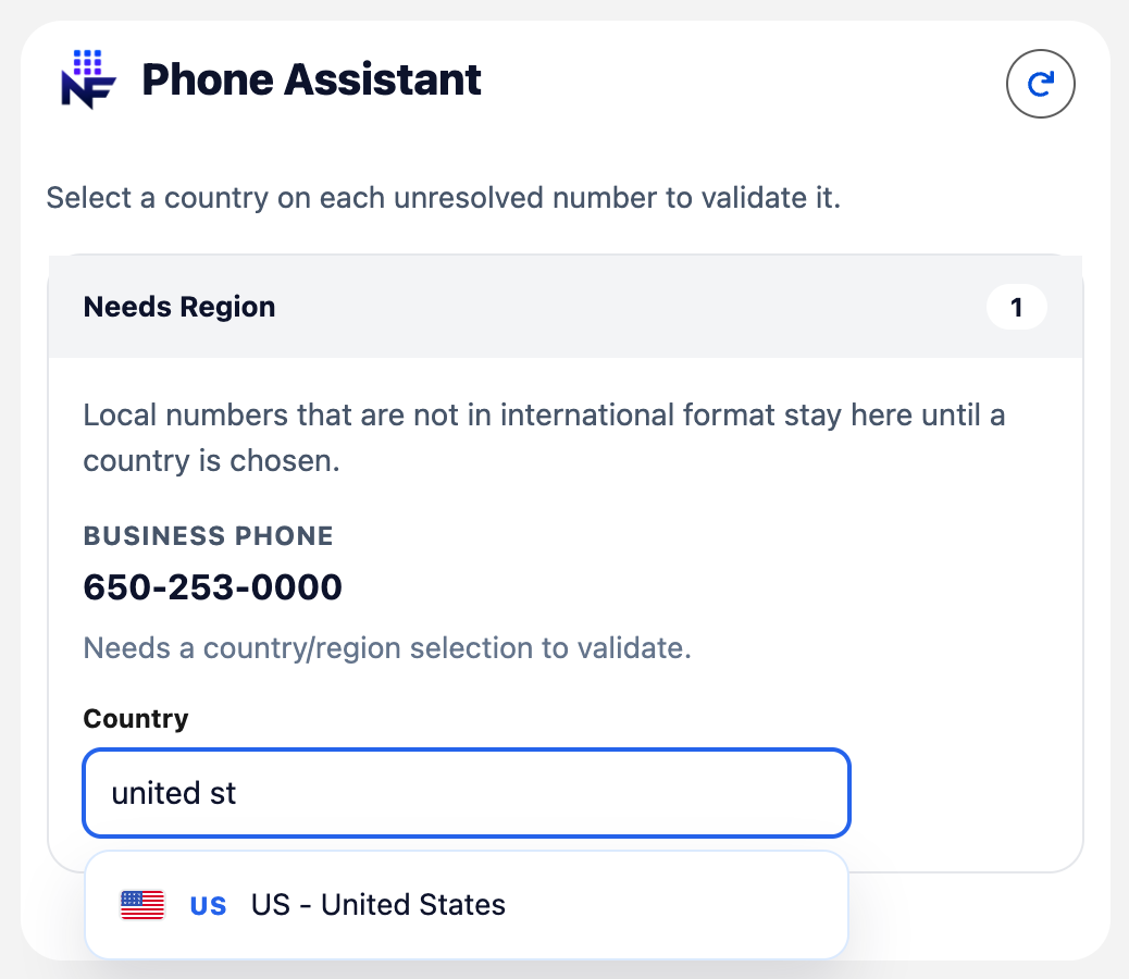 Phone Assistant card with Needs Region row and country search picker filtered to one result
